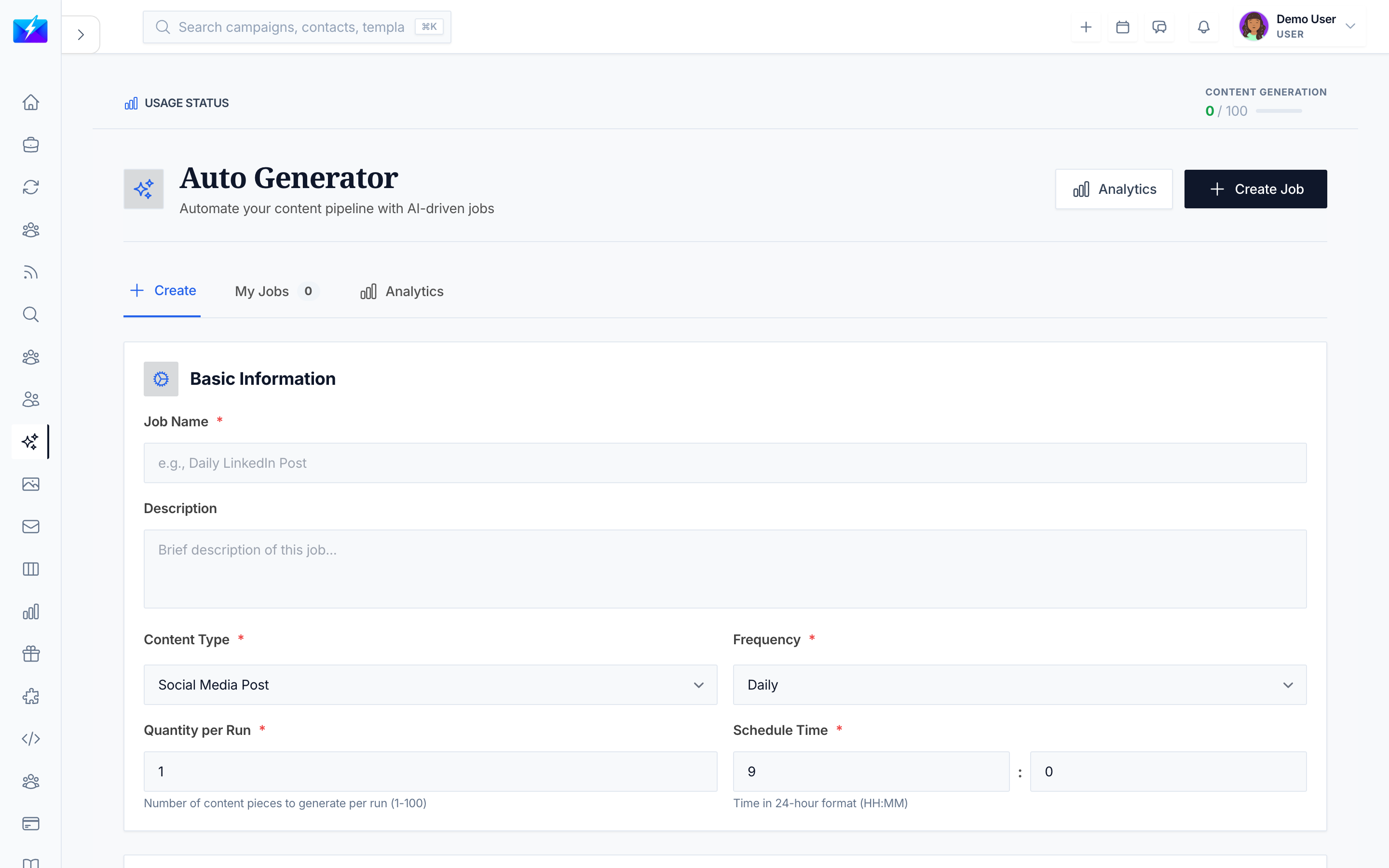 Setting up an automated content generation job in the Auto Generator