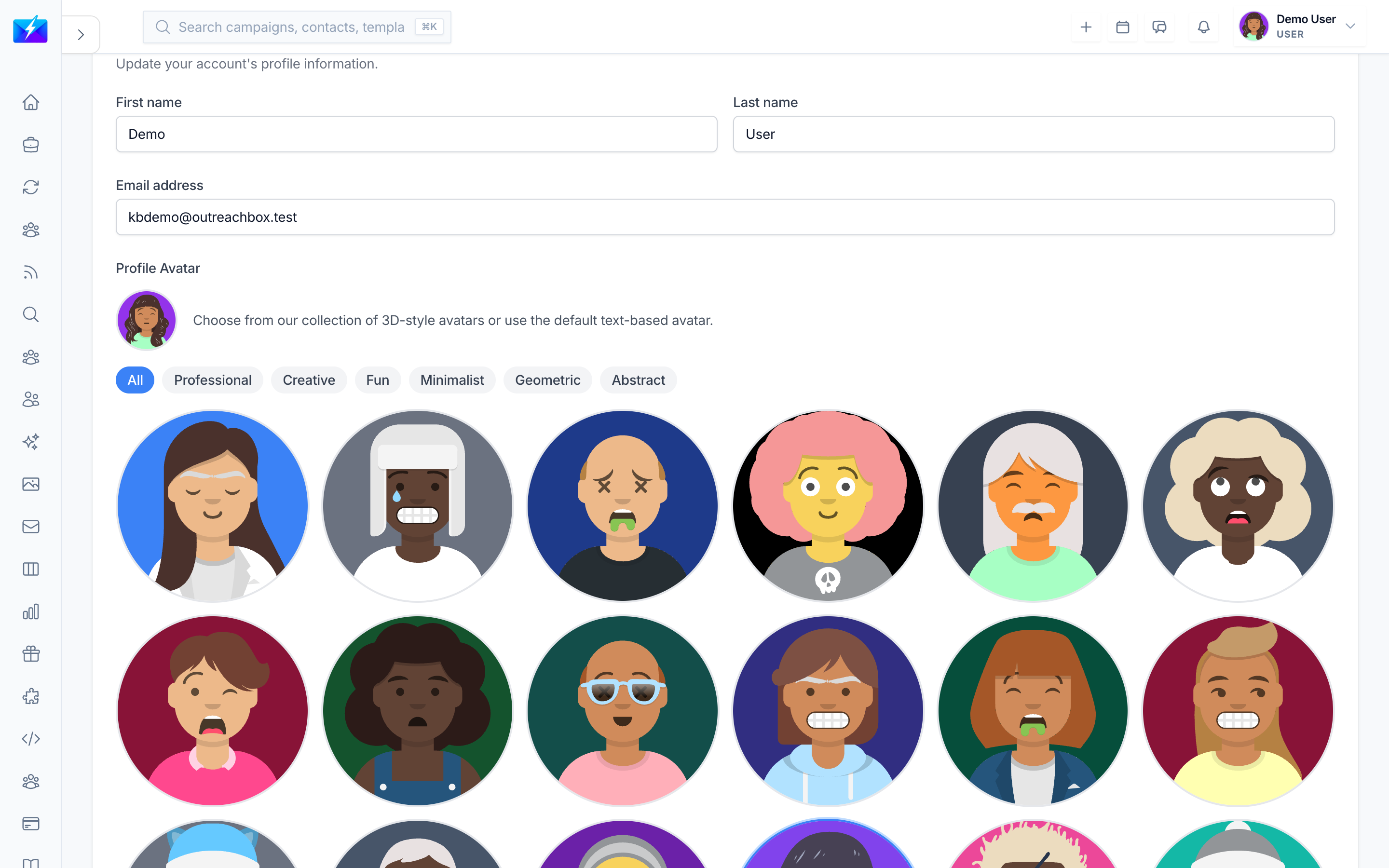 The OutreachBox settings page with profile, organization, and preference sections