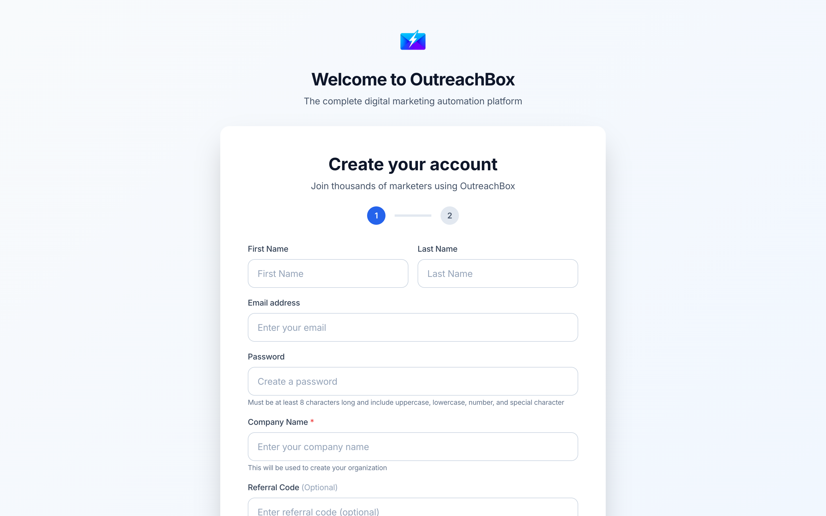 The OutreachBox sign-up screen where you create a new account