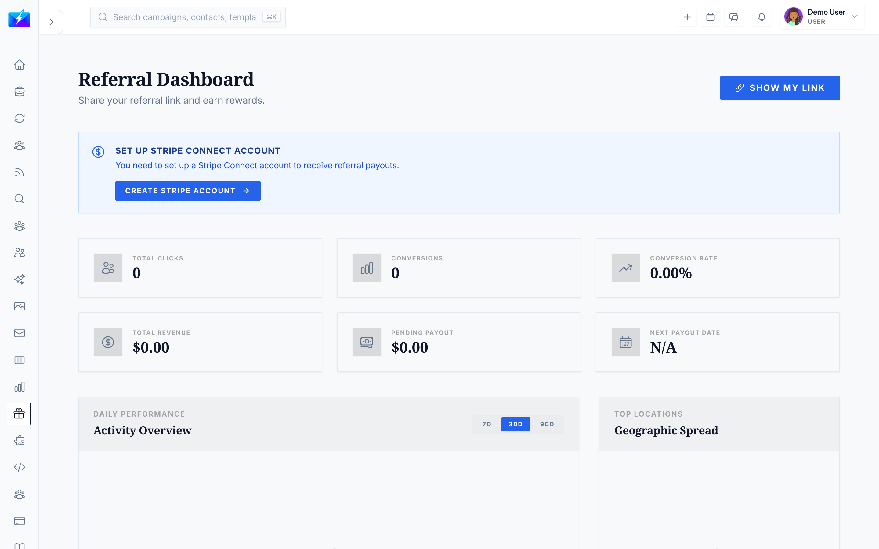 The OutreachBox referral program page with a shareable link