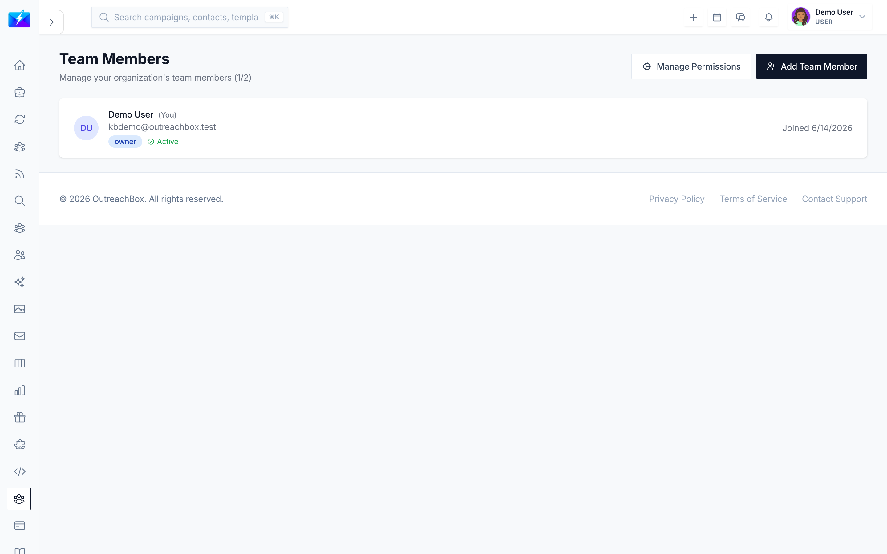 Managing team members and assigning roles in OutreachBox