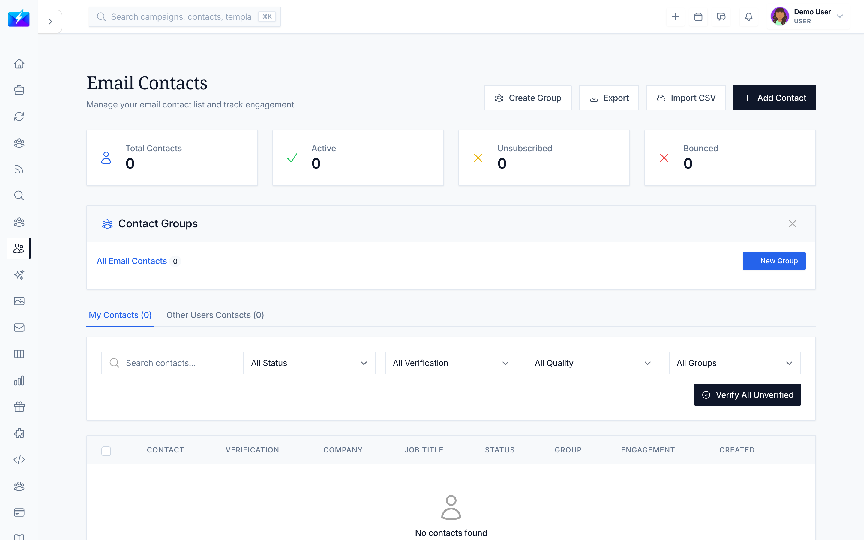 Managing contacts with groups, status, and bulk actions in OutreachBox
