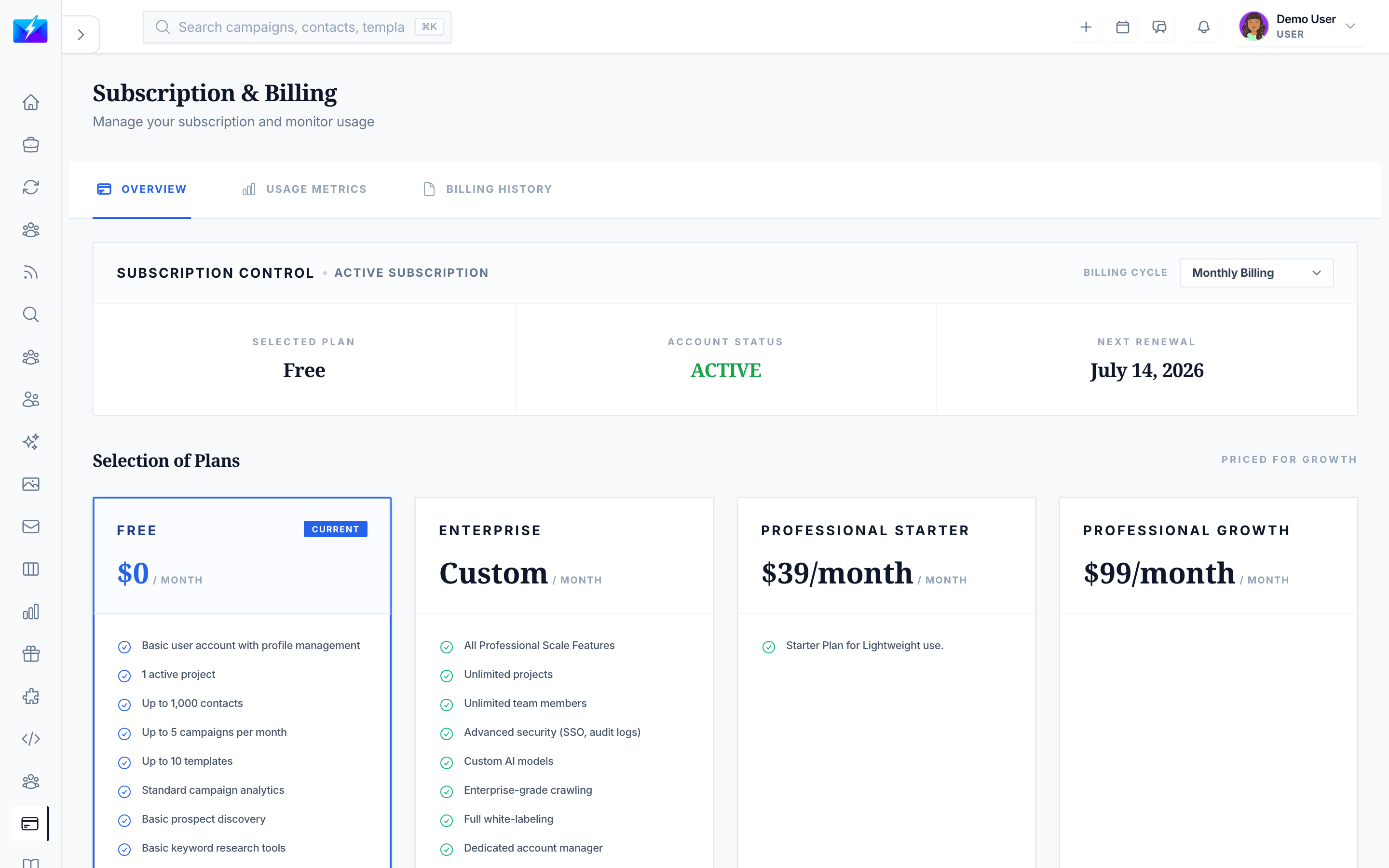 The subscription and billing page in OutreachBox