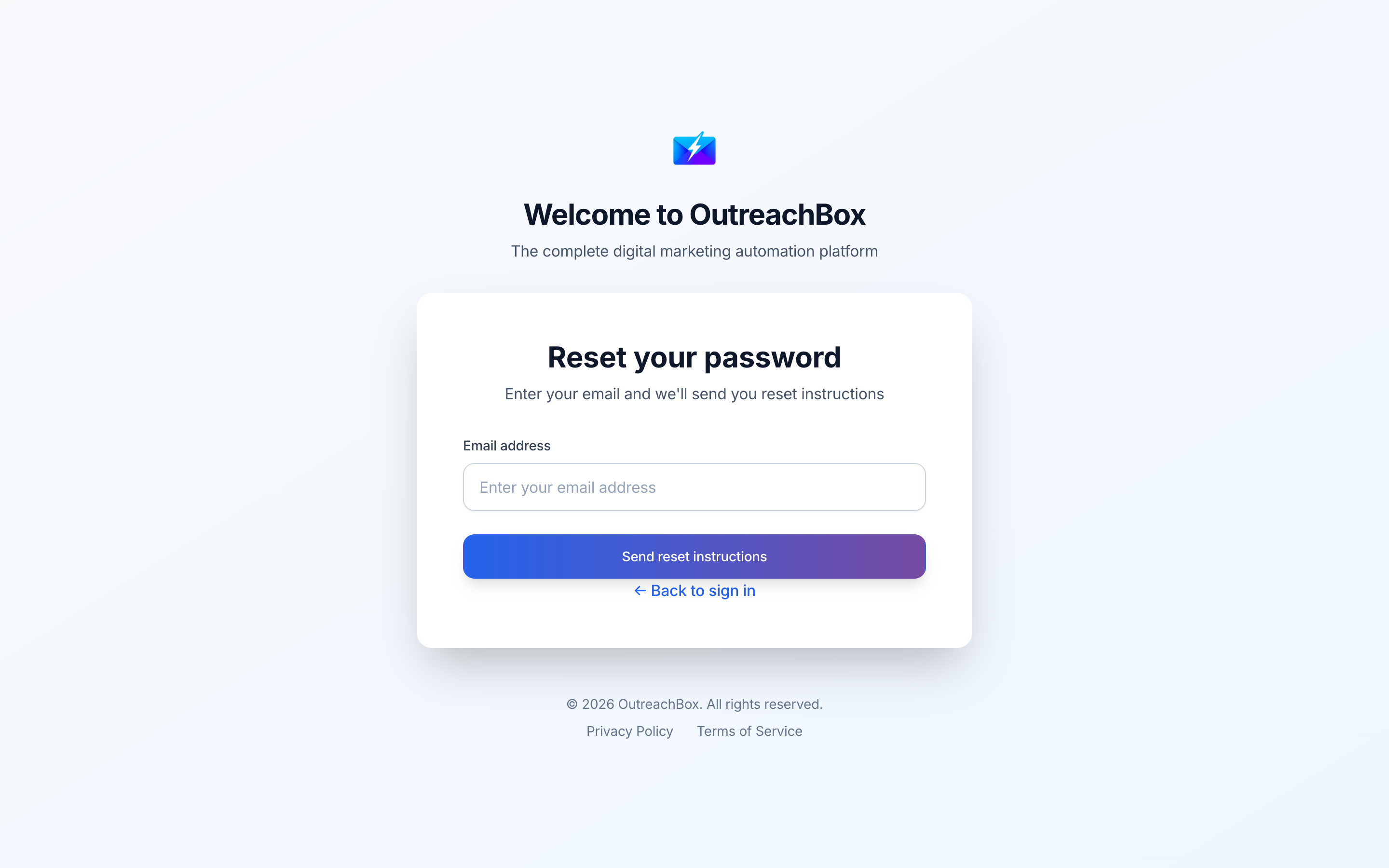 The OutreachBox password reset screen