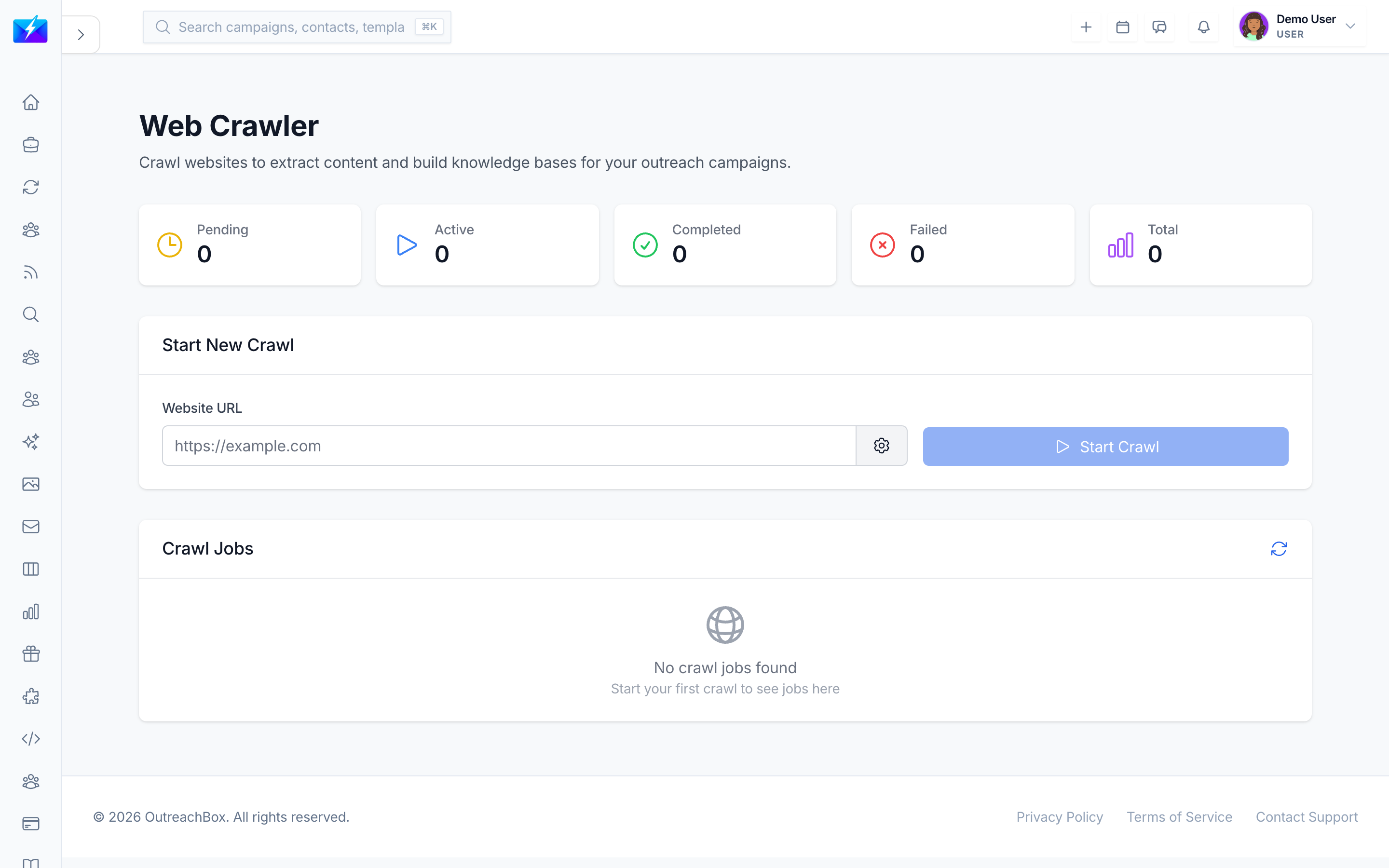 The OutreachBox crawler configuring a site crawl with depth and page limits