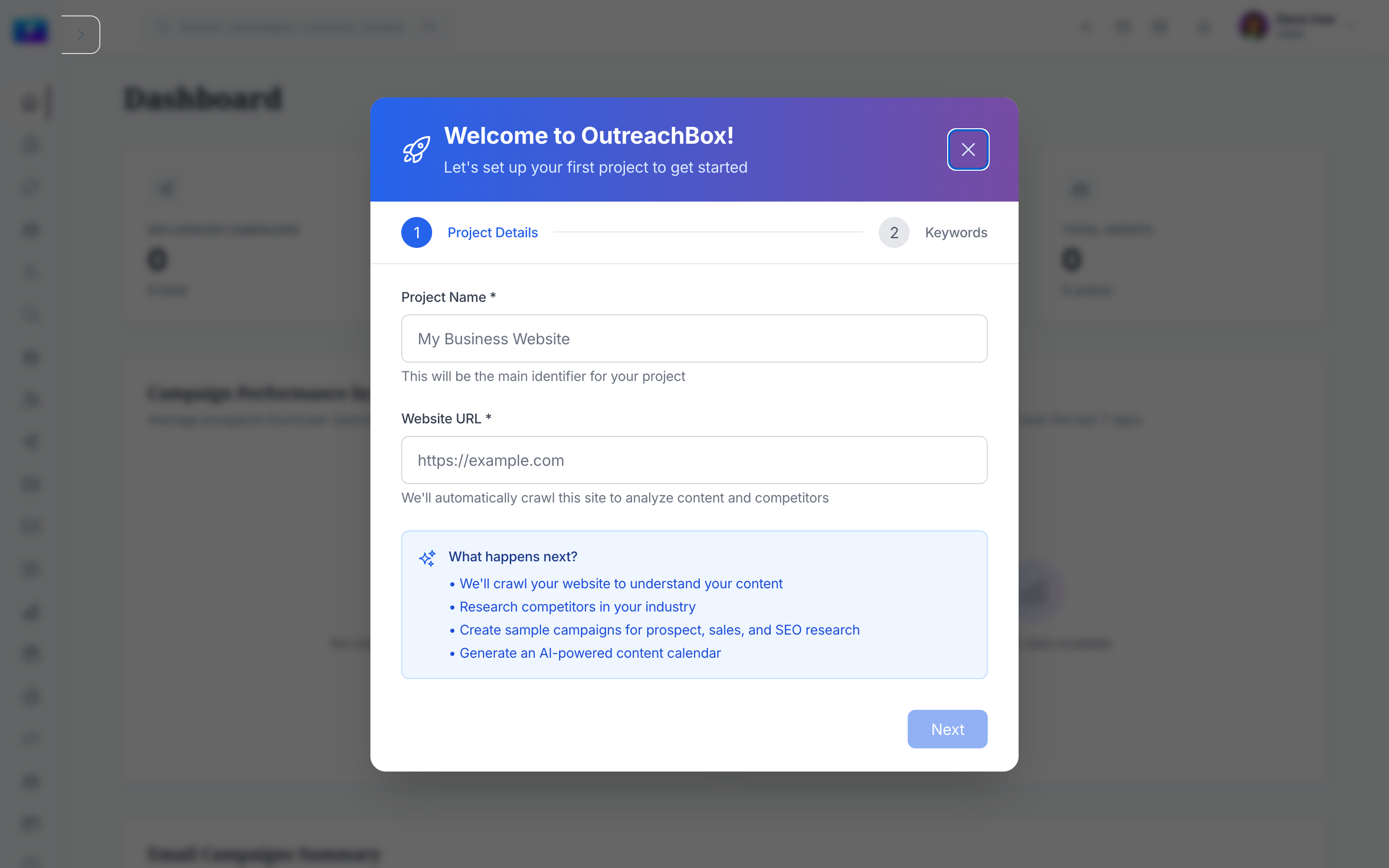 The OutreachBox dashboard showing campaign stats, charts, and recent activity