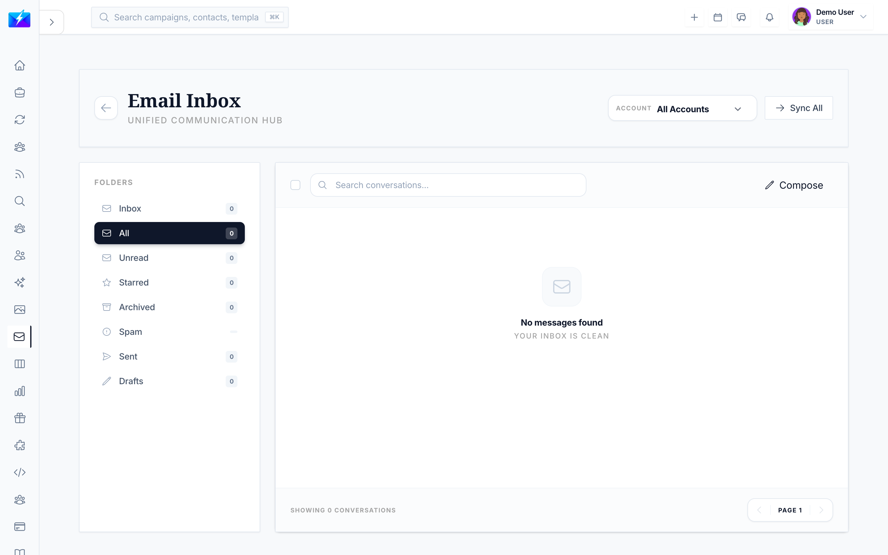The unified email inbox in OutreachBox showing folders and messages