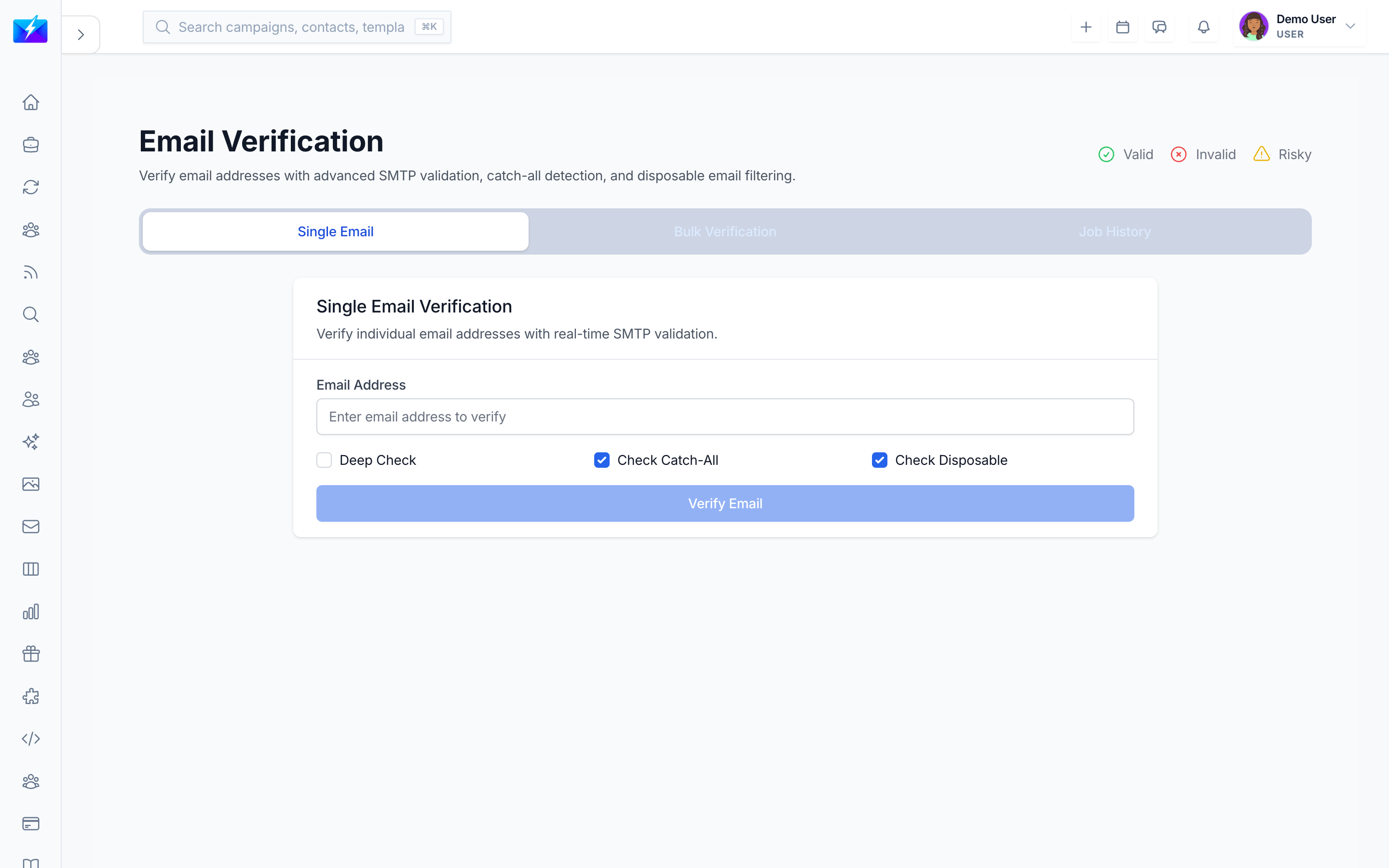 Bulk email verification job in OutreachBox with quality scores