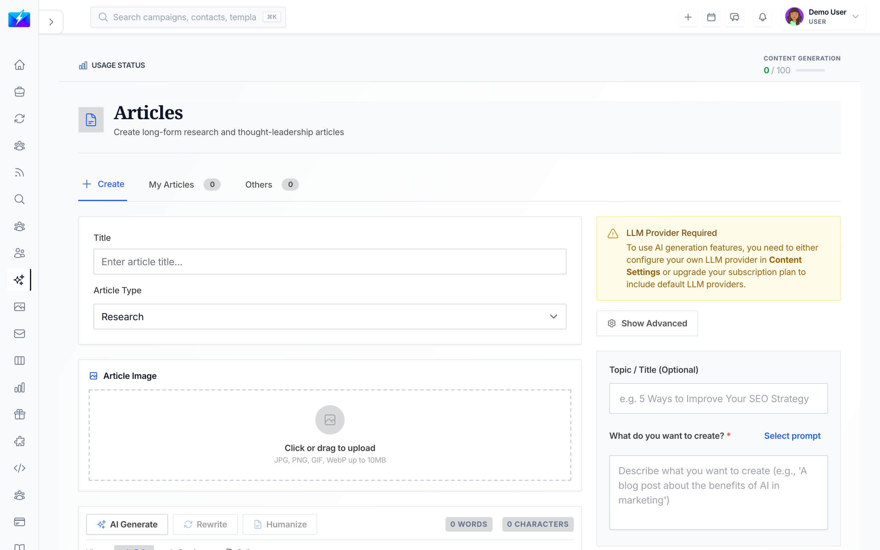Generating a long-form article with AI in OutreachBox