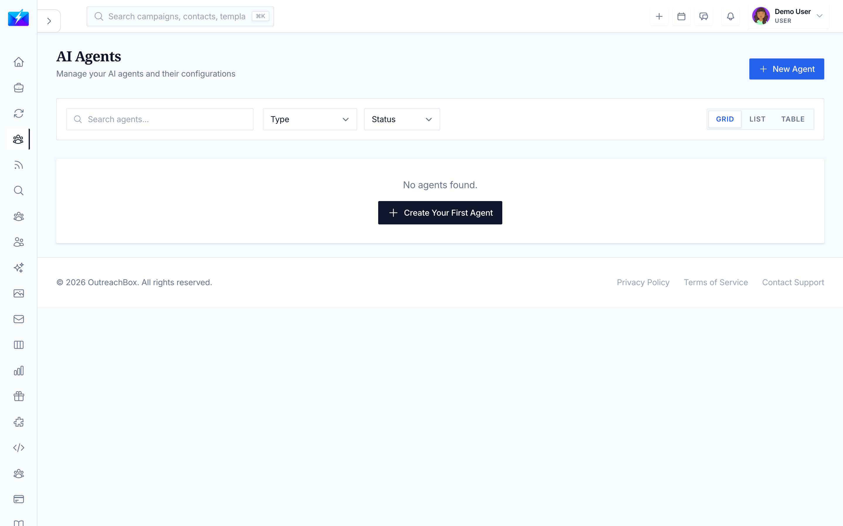 The AI Agents page in OutreachBox showing agents and their statuses
